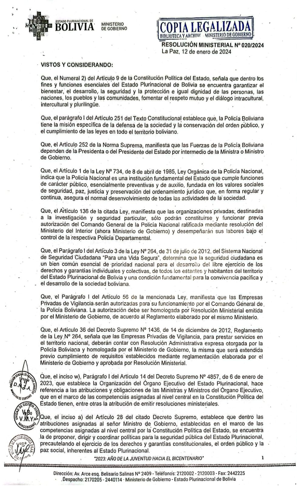Resolución Ministerial N° 020/2024 — Seguridad Concordia