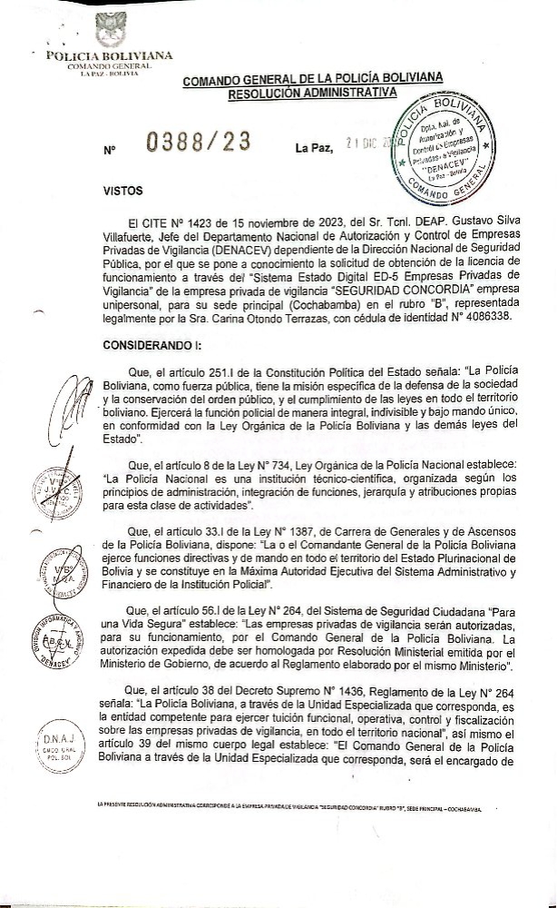 Resolución Administrativa N° 0388/23 — Seguridad Concordia